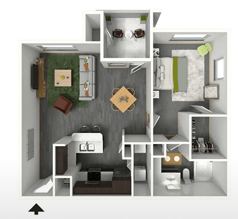 Floor plan for 1 bed, 1 bath, 768 sqft