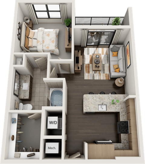 Floor plan for 1 bed, 1 bath, 693 sqft