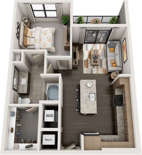 Floor plan for 1 bed, 1 bath, 722 sqft
