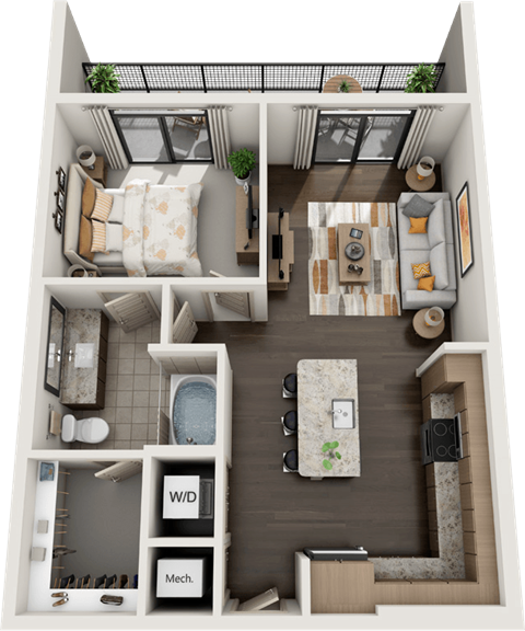 Floor plan for 1 bed, 1 bath, 721 sqft