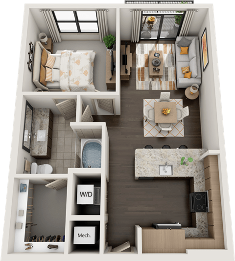 Floor plan for 1 bed, 1 bath, 744 sqft