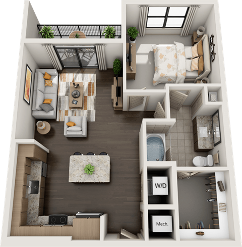 Floor plan for 1 bed, 1 bath, 778 sqft