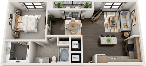 Floor plan for 1 bed, 1 bath, 860 sqft