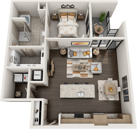 Floor plan for 1 bed, 1 bath, 960 sqft