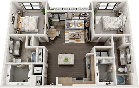 Floor plan for 2 beds, 2 baths, 1177 sqft