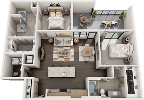 Floor plan for 2 beds, 2 baths, 1237 sqft