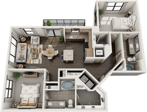 Floor plan for 2 beds, 2 baths, 1249 sqft