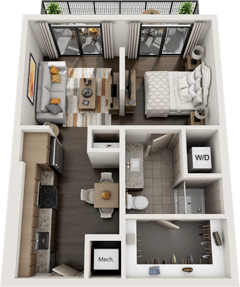 Floor plan for 1 bed, 1 bath, 557 sqft