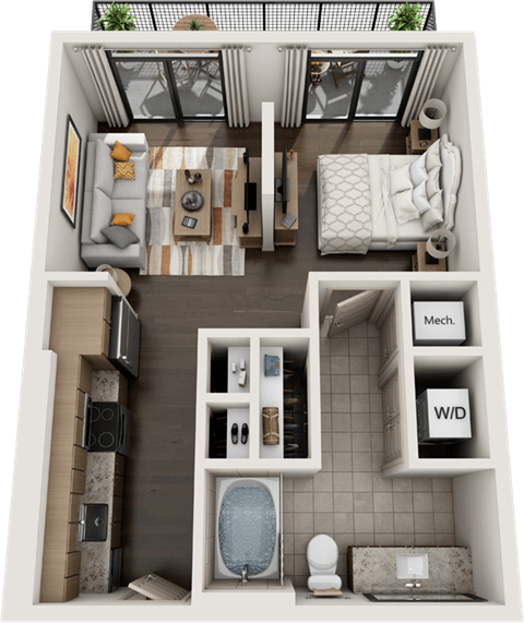 Floor plan for 1 bed, 1 bath, 557 sqft