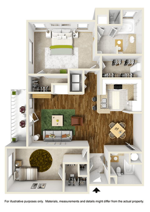 Floor plan for 2 beds, 2 baths, 1310 sqft