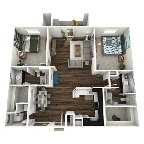 Floor plan for 2 beds, 2 baths, 1142 sqft