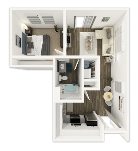 Floor plan for 1 bed, 1 bath, 593 sqft