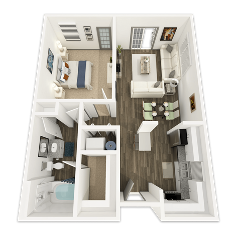 Floor plan for 1 bed, 1 bath, 715 sqft