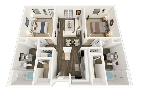 Floor plan for 2 beds, 2 baths, 1075 sqft