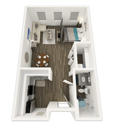 Floor plan for studio, 1 bath, 597 sqft
