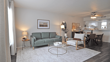 Plano apartment for rent - A living room with a green couch and a coffee table.