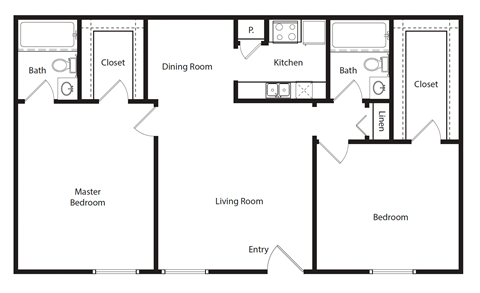 Floor plan for 2 beds, 2 baths, 975 sqft