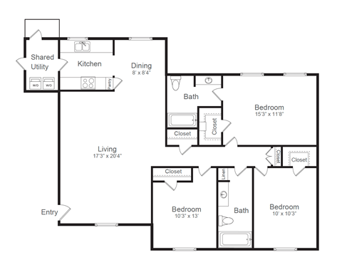 Floor plan for 3 beds, 2 baths, 1285 sqft
