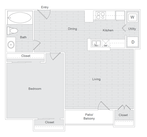 Floor plan for 1 bed, 1 bath, 749 sqft