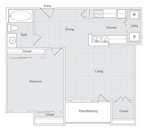 Floor plan for 1 bed, 1 bath, 808 sqft