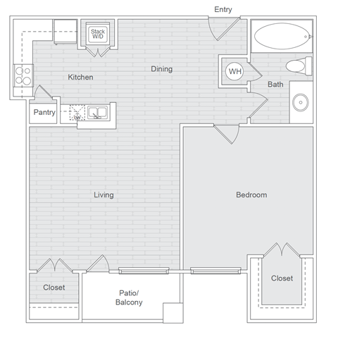 Floor plan for 1 bed, 1 bath, 833 sqft