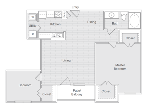 Floor plan for 2 beds, 1 bath, 865 sqft
