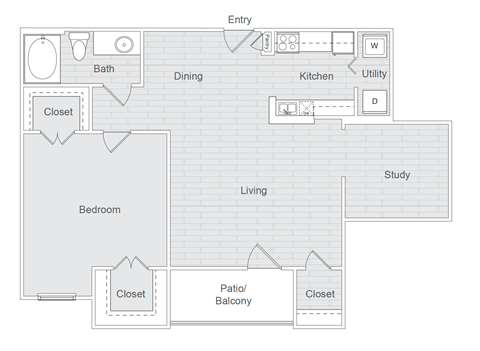 Floor plan for 2 beds, 1 bath, 865 sqft