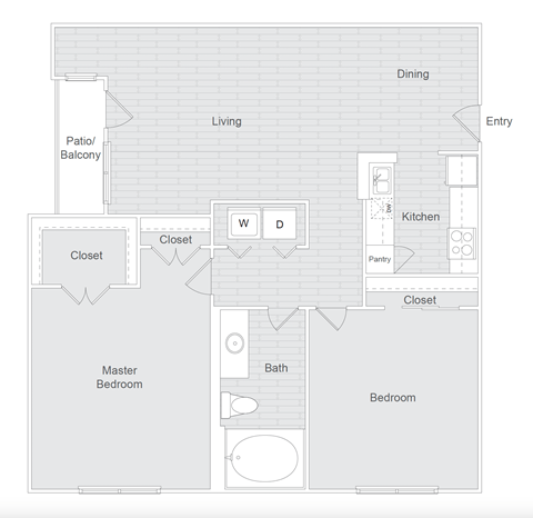 Floor plan for 2 beds, 1 bath, 993 sqft