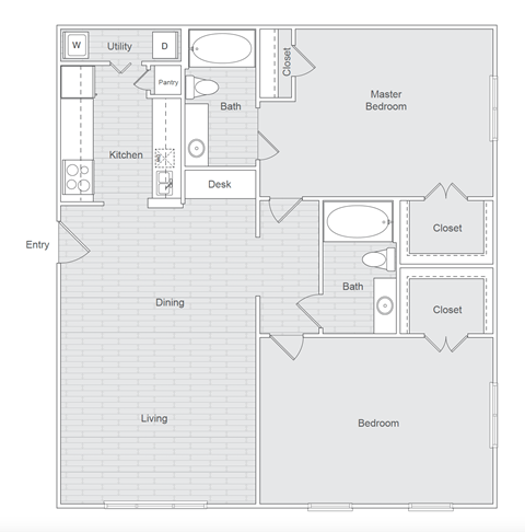 Floor plan for 2 beds, 2 baths, 1108 sqft