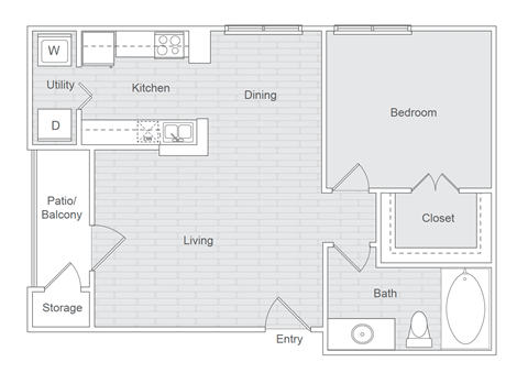 Floor plan for 1 bed, 1 bath, 704 sqft