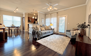 Dallas apartment for rent - A living room with a couch, a rug, and a ceiling fan.