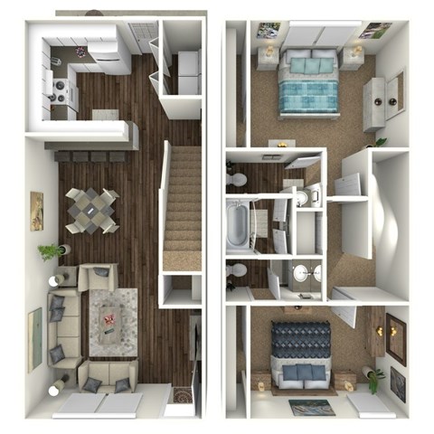 Floor plan for 2 beds, 1.5 baths, 1054 sqft