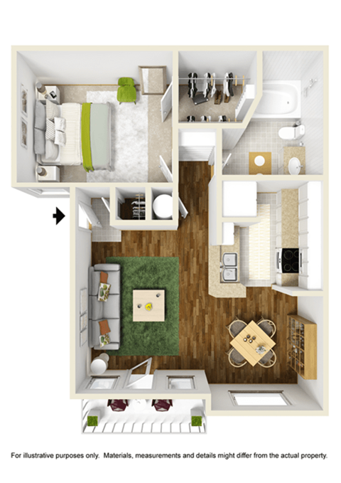 Floor plan for 1 bed, 1 bath, 650 sqft