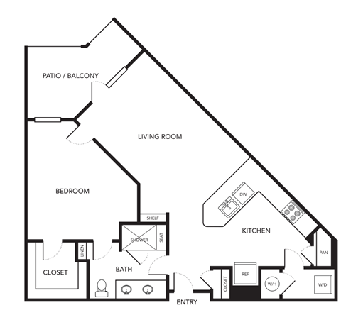 Floor plan for 1 bed, 1 bath, 750 sqft