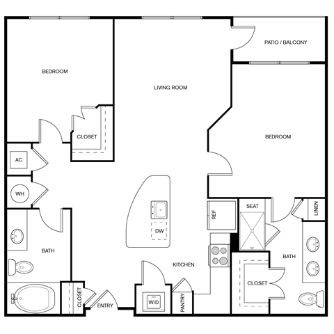 Floor plan for 2 beds, 2 baths, 925 sqft