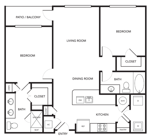 Floor plan for 2 beds, 2 baths, 959 sqft