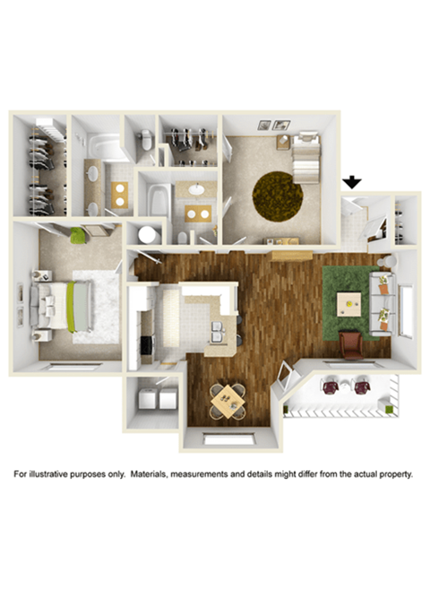 Floor plan for 2 beds, 2 baths, 1125 sqft