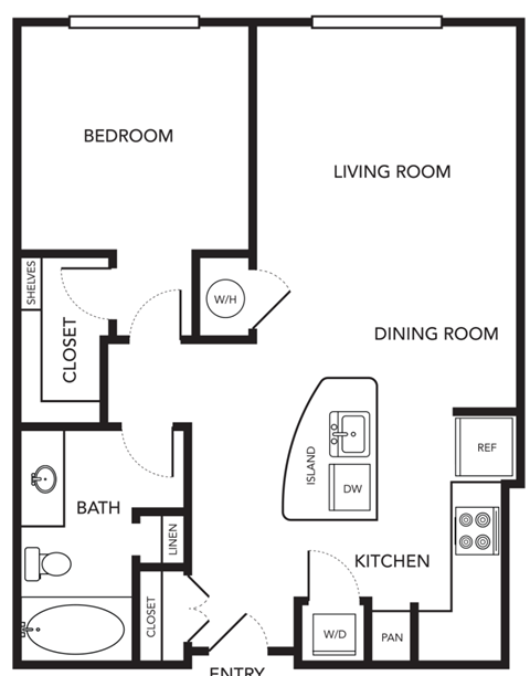Floor plan for 1 bed, 1 bath, 694 sqft