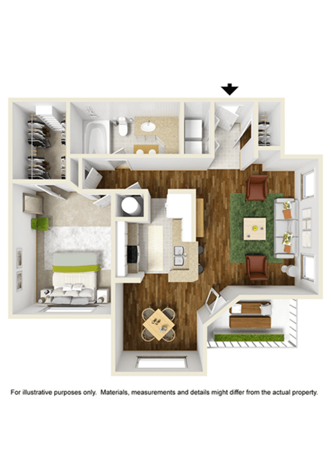 Floor plan for 1 bed, 1 bath, 750 sqft