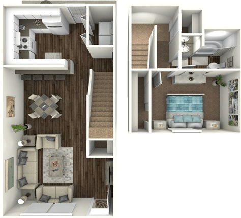 Floor plan for 1 bed, 1 bath, 884 sqft