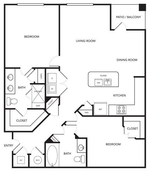 Floor plan for 2 beds, 2 baths, 1056 sqft
