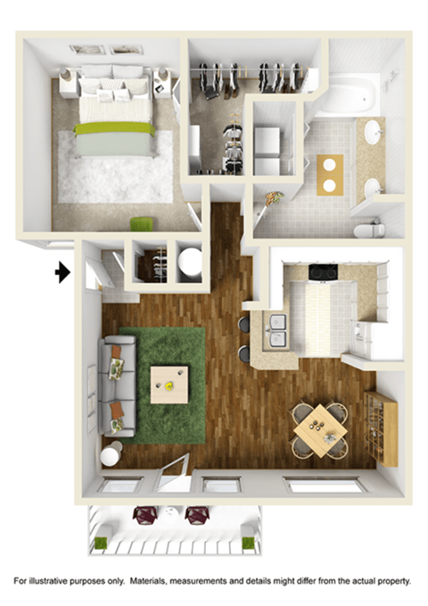 Floor plan for 1 bed, 1 bath, 800 sqft