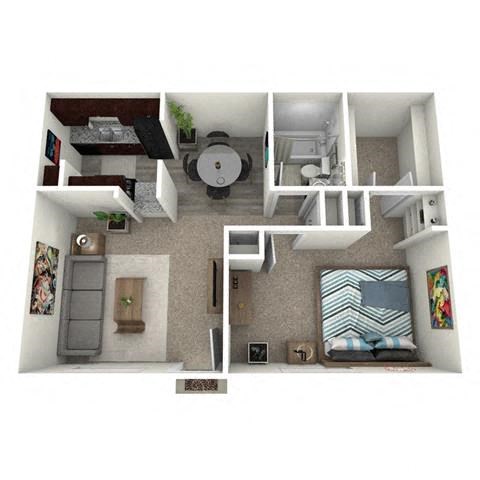 Floor plan for 1 bed, 1 bath, 744 sqft