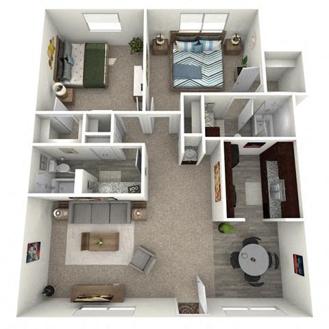 Floor plan for 2 beds, 2 baths, 956 sqft
