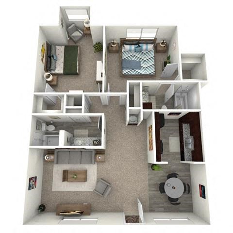 Floor plan for 2 beds, 2 baths, 1000 sqft