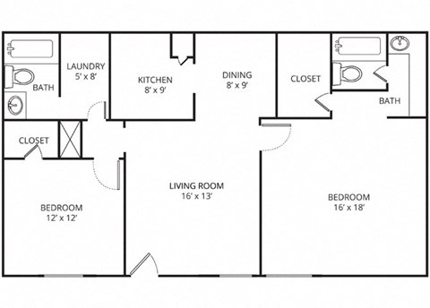 Floor plan for 2 beds, 2 baths, 1088 sqft