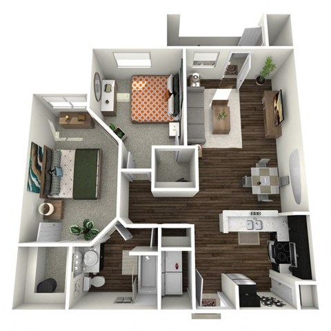 Floor plan for 2 beds, 1 bath, 888 sqft