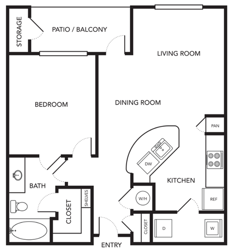 Floor plan for 1 bed, 1 bath, 732 sqft