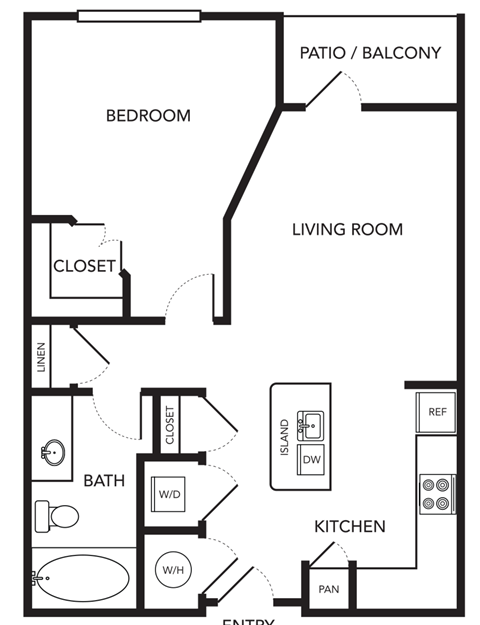 Floor plan for 1 bed, 1 bath, 615 sqft