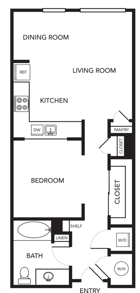 Floor plan for studio, 1 bath, 608 sqft